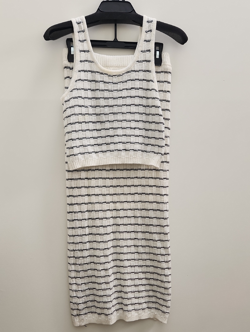 Cream And Blacl Knit Tank & Skirt Set